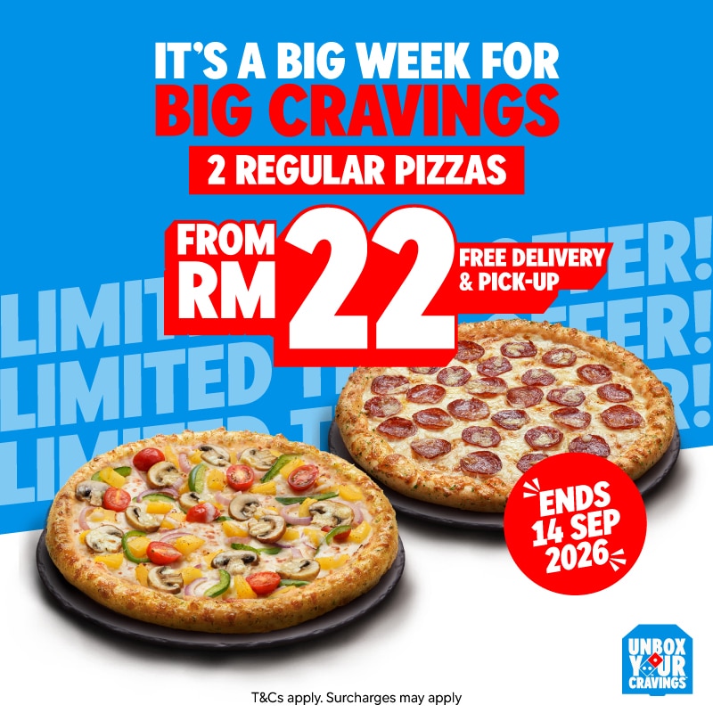 Unbox Your Cravings! 2 Regular Pizzas for RM22